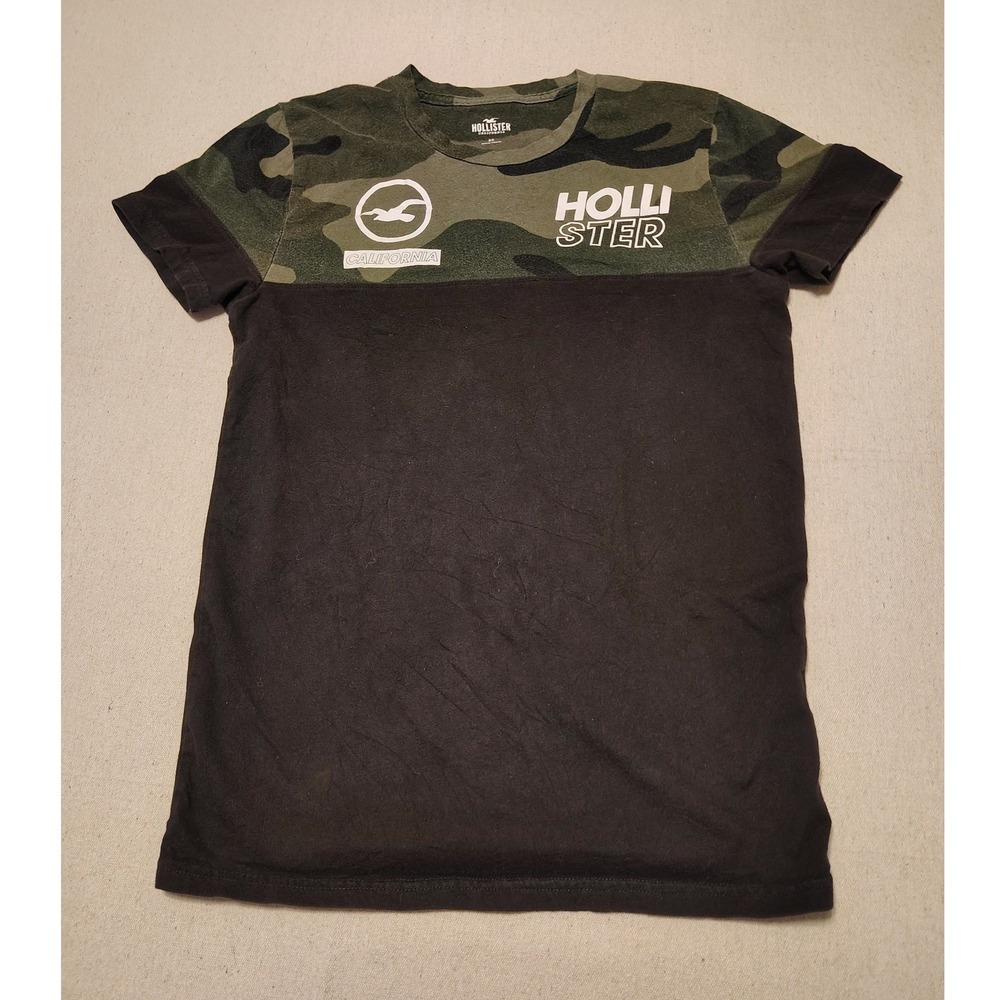 Hollister Mens Camo Colorblock Graphic T-Shirt XS Black Green Short Sleeve Tee Q